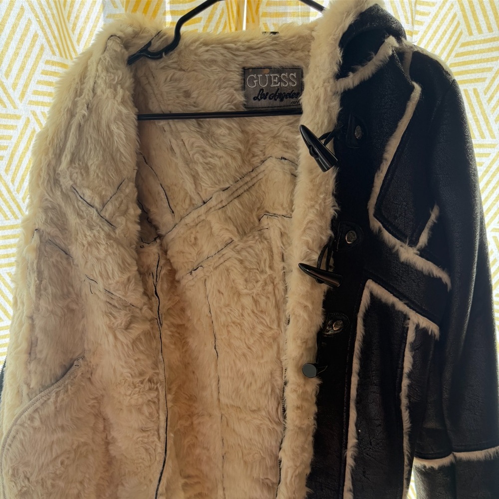 Guess Black and Cream Teddy Shearling Toggle Jacket